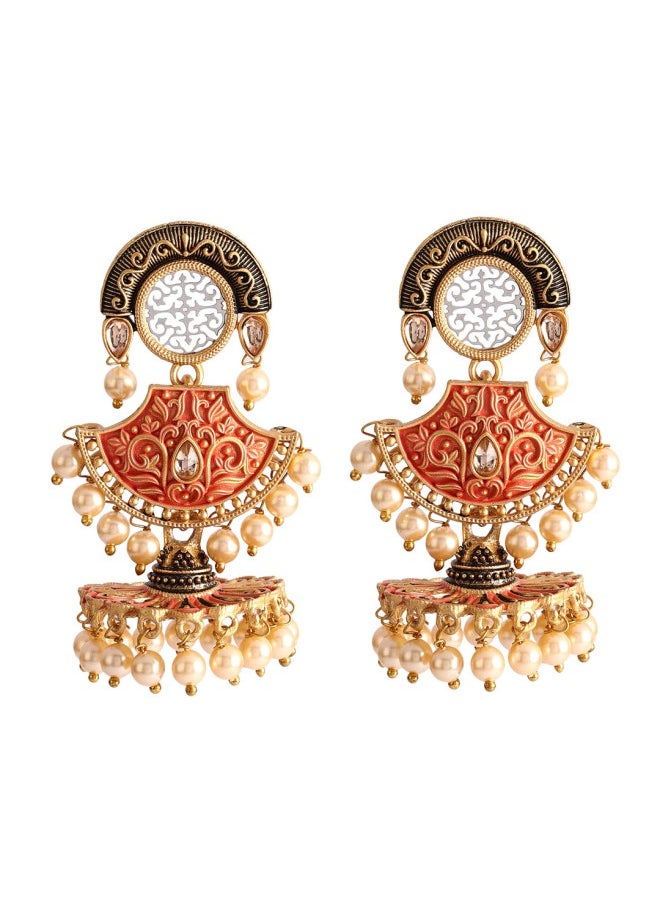 ISHIN Gold-Toned & Orange Jhumkas Earrings  - Image 2