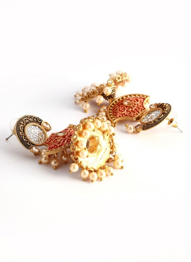 ISHIN Gold-Toned & Orange Jhumkas Earrings  - Image 3