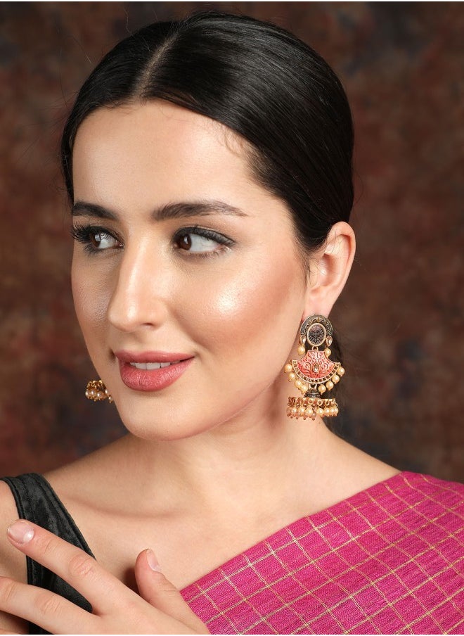 ISHIN Gold-Toned & Orange Jhumkas Earrings  - Image 1