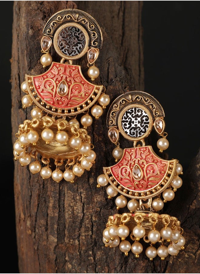 ISHIN Gold-Toned & Orange Jhumkas Earrings  - Image 4
