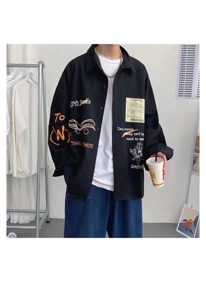 Fashion Cardigan Jacket Men's Shirt Casual Stylish Harajuku Style Letter Print Design Long-sleeve Turn-down Collar Shirt