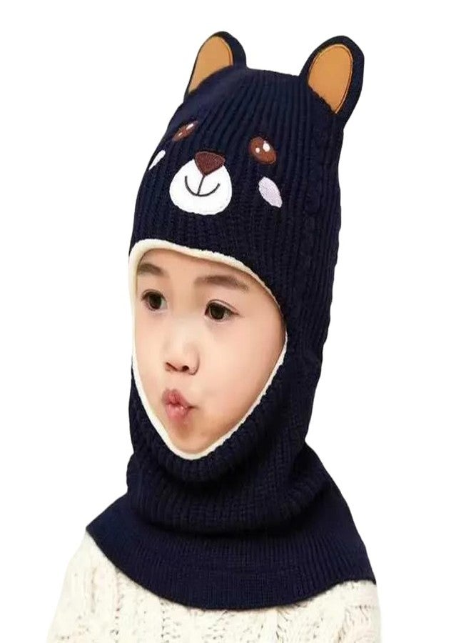 قبعة شتوية للأطفال من ريتشمن، قبعة للأطفال بغطاء للأذنين مع وشاح، قبعة صوفية للأطفال الصغار بأذني دب كرتونيتين وقبعة قرد صوفية (من عمر سنة إلى 6 سنوات) (لون كحلي) - Image 1