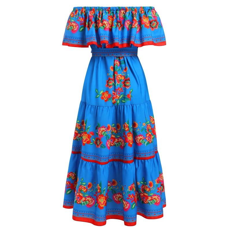 IKADEX Women Mexican Dress Off Shoulder Floral Long Maxi Dress Summer Beach Party Cinco de Mayo Dresses Blue XL - Image 4
