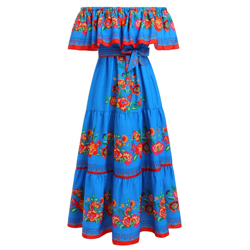IKADEX Women Mexican Dress Off Shoulder Floral Long Maxi Dress Summer Beach Party Cinco de Mayo Dresses Blue XL - Image 1