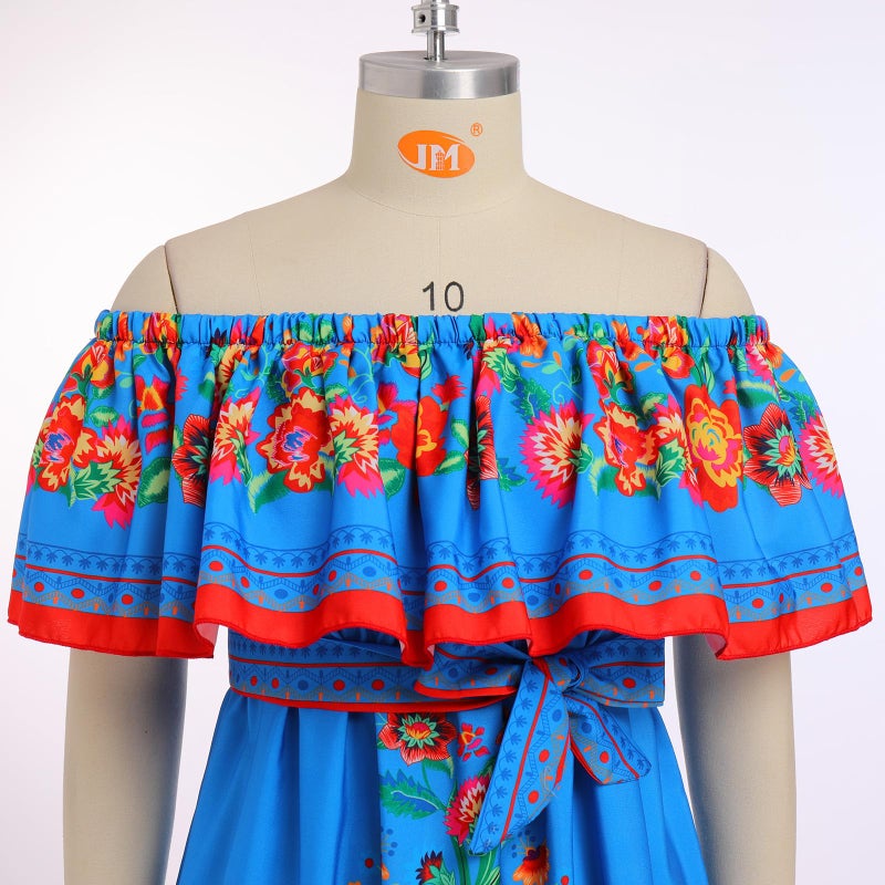 IKADEX Women Mexican Dress Off Shoulder Floral Long Maxi Dress Summer Beach Party Cinco de Mayo Dresses Blue XL - Image 5