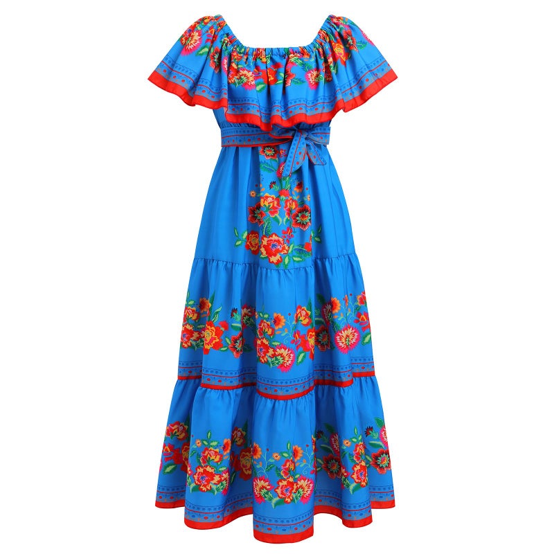 IKADEX Women Mexican Dress Off Shoulder Floral Long Maxi Dress Summer Beach Party Cinco de Mayo Dresses Blue XL - Image 3
