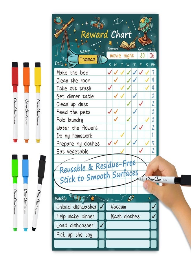 Clever Clean Dry Erase Chore Chart for Kids, Reusable Reward Chart, Non-Magnetic Kids Chore Board Clings to Any Smooth Surfaces, 6 Dry Erase Markers Included (Science) - Image 1
