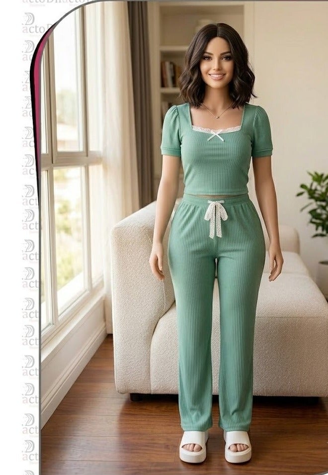 طقم استرخاء نسائي مضلع - لون أخضر نعناعي - Image 1