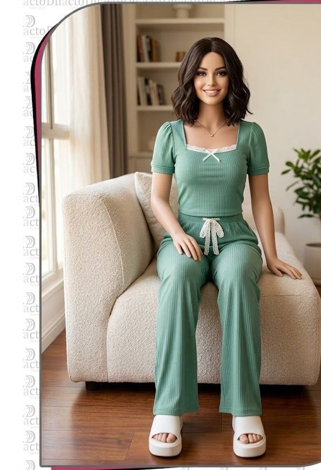 طقم استرخاء نسائي مضلع - لون أخضر نعناعي - Image 2