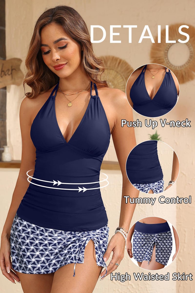 Yonique 2 Piece Swimsuits for Women Halter Tankini Top with Skirt Bottom Tummy Control Bathing Suit Navy Blue Geometric M - Image 4