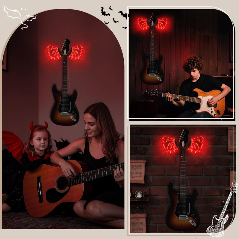 CoolGift Mart Guitar Stand Wall Mount with Luminous Devil Wings, Acrylic Wooden Guitar Hanger Shelf with USB Powered, for Acoustic Electric Bass Ukulele, Gift for Music Lovers Guitar Players - Image 3
