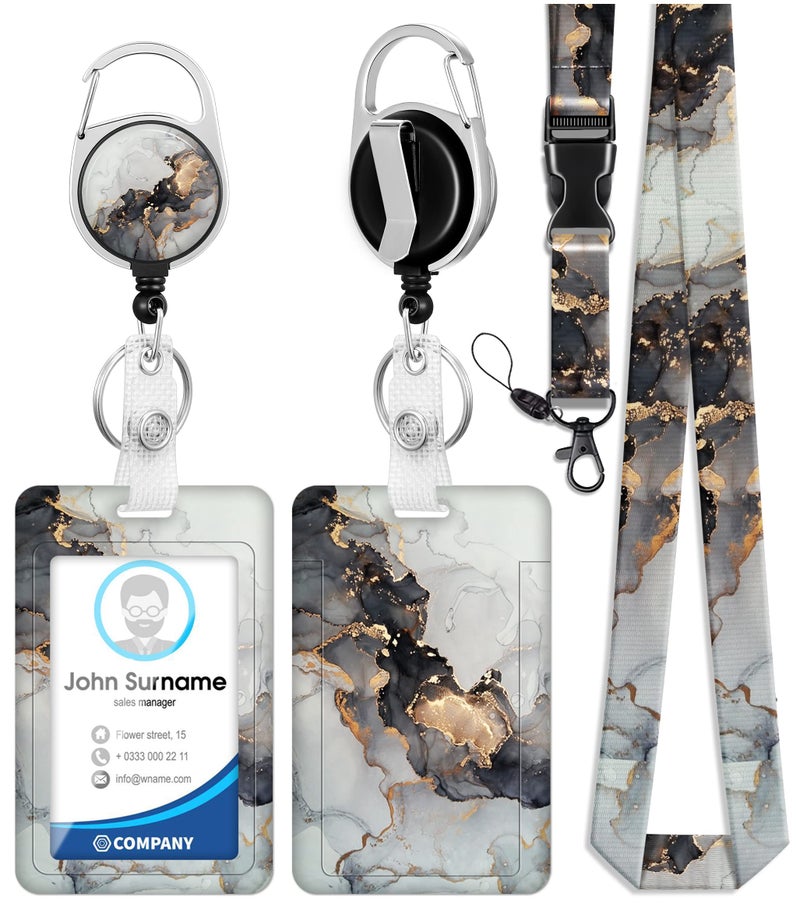 Toykee ID Badge Holder with Lanyard and Retractable Badge Reel Clip, Marble Pattern Card Name Tag Lanyard Vertical ID Protector Bage Clips for Nurse Nursing Doctor Teacher Student Grey - Image 1