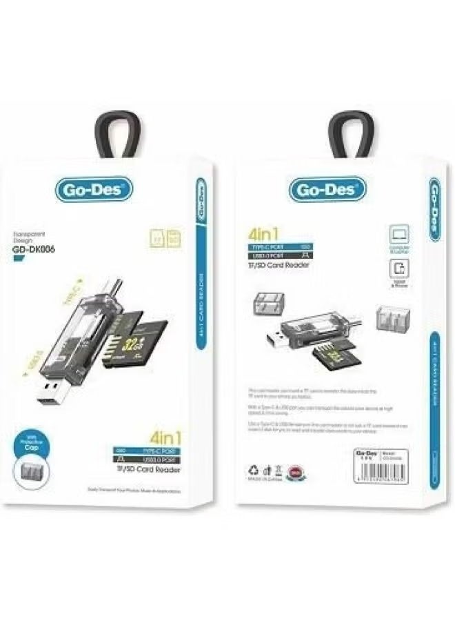 GO-DES GD-DK006 4-in-1 Multi-Function Card Reader with Type-C and USB 3.0 High-Speed Interface, Universal SD and TF Memory Card Adapter with OTG Support, Plug-and-Play Portable Data Transfer Device Compatible with Smartphones, Tablets, Laptops, and Other Digital Devices for Fast File Sharing and Easy Storage Access - Image 2