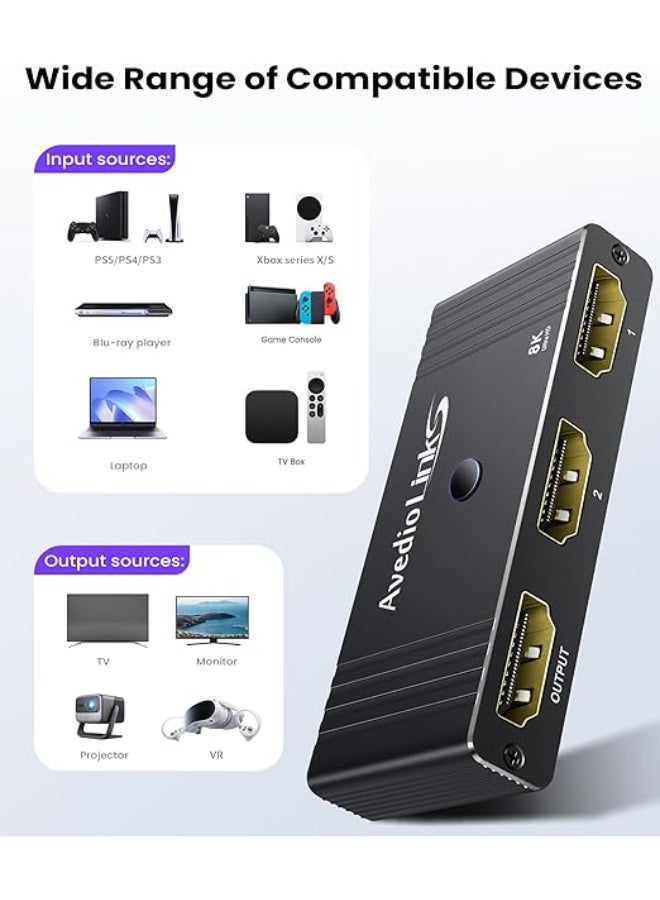 avedio links 8K@60Hz HDMI 2.1 Switch 4K@120Hz Bi-Directional 2 in 1 Out HDMI Splitter Switcher with Remote 48Gbps Ultra HD (black) - Image 3