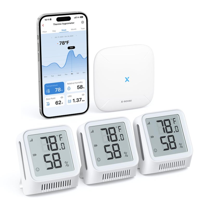 X-Sense مقياس حرارة واي فاي X-Sense، جهاز قياس الرطوبة الداخلي، حساس حرارة رقمي مع تنبيهات إشعار عبر التطبيق، مقياس حرارة ورطوبة للغرفة، تخزين البيانات وتصديرها بدون رسوم، 3 حساسات ومحطة قاعدة واحدة - Image 1