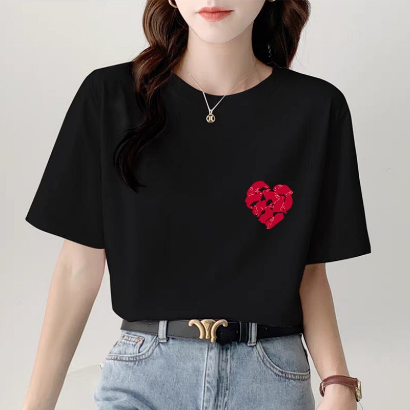 2025 Black Short T-Shirt Women'S Short-Sleeved Shoulder Loose Cartoon Texture Half-Sleeved Trendy T-Shirt - Image 1