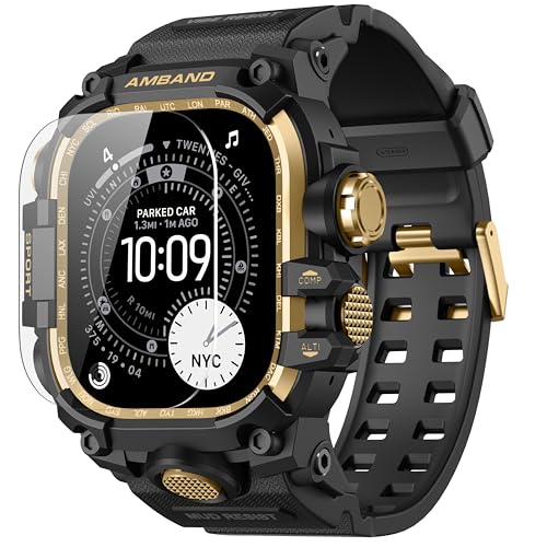 amBand Rugged Case with Band for Apple Watch Ultra 3/2/1 49mm, M3 Military Grade Shockproof Cover, Includes Screen Protector Kit, Tactical Band for Men - Compatible with iWatch Ultra, Black Gold - Image 1