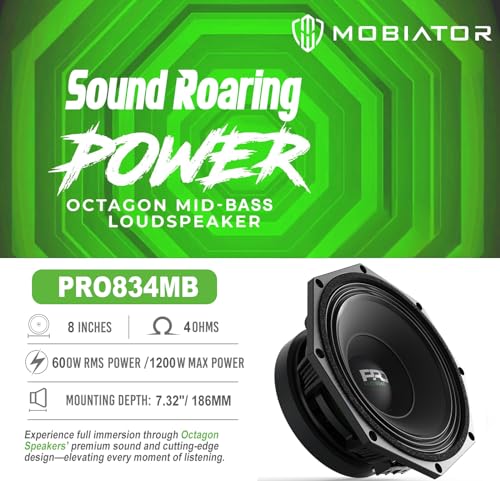 mobiator PRO834MB Loudspeaker - 8" Midbass Aluminum Basket, 1200W Max, 600W RMS, 4 Ohms - Premium Quality Audio Door Speakers for Car or Truck Stereo Sound System (MB-PRO834MB) - Image 2