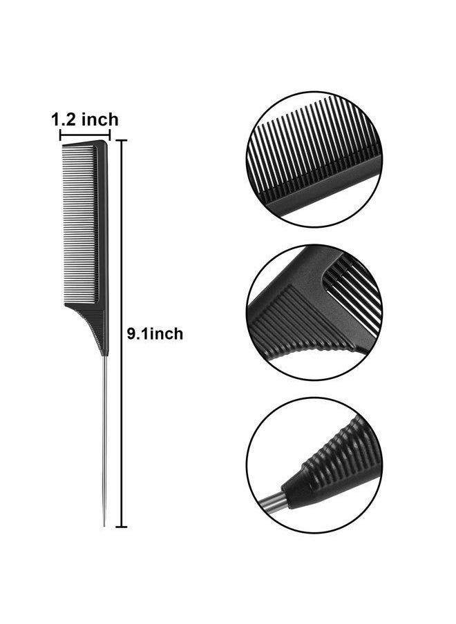 Leinuosen - 3 Packs Rat Tail Comb Steel Pin Rat Tail Carbon Fiber Heat Resistant Teasing Combs with Stainless Steel Pintail (Black) - Image 1