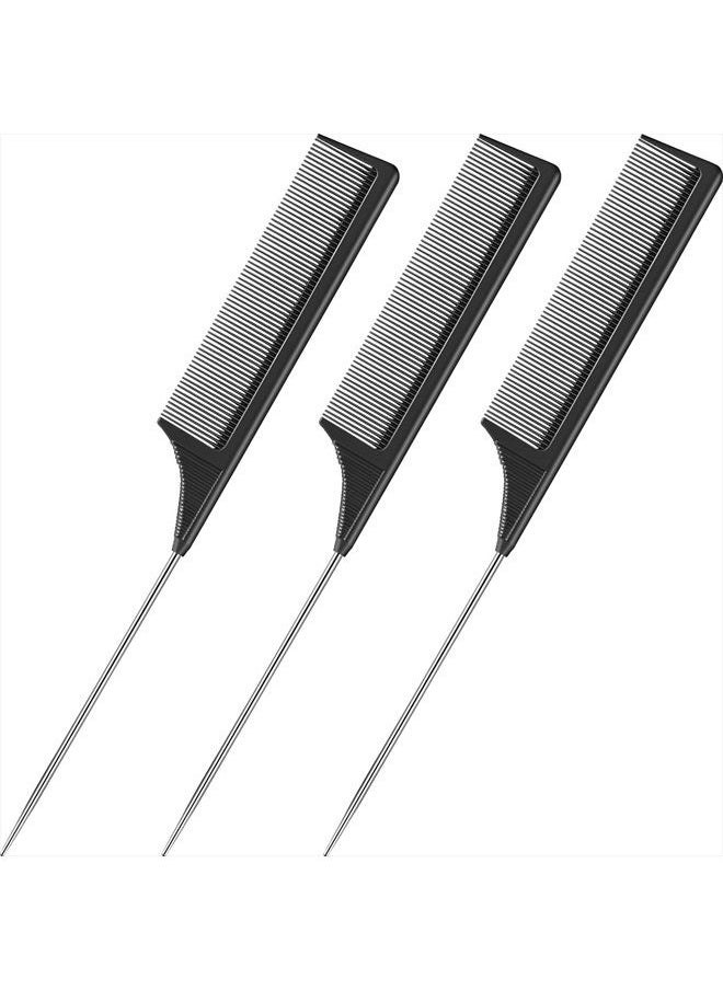 Leinuosen - 3 Packs Rat Tail Comb Steel Pin Rat Tail Carbon Fiber Heat Resistant Teasing Combs with Stainless Steel Pintail (Black) - Image 1