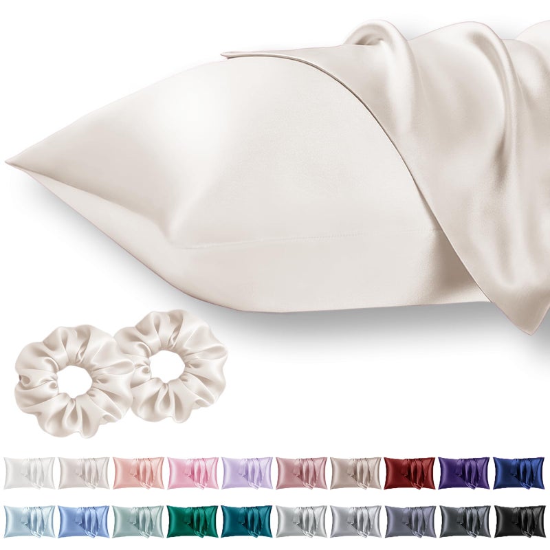 Vielit Queen Satin Pillowcase for Hair 2pc,Similar to Silk Pillow Cases,Easier Care Than Silk Pillowcase,Gifts for Women Men,Beige,20x30 & Envelope Closure and 2 Satin Scrunchies - Image 1