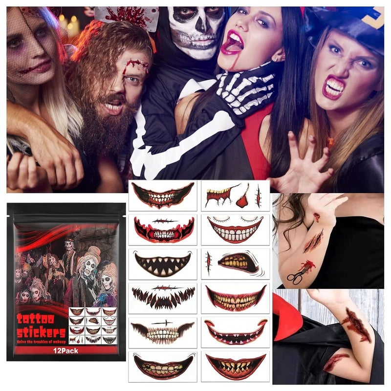 klarako 12 Sheet Halloween Clown Horror Mouth Tattoos Stickers Temporary Tattoos, 2022 New Prank Makeup Upgrade Face Decals Props for Cosplay (Pink, One Size) - Image 2