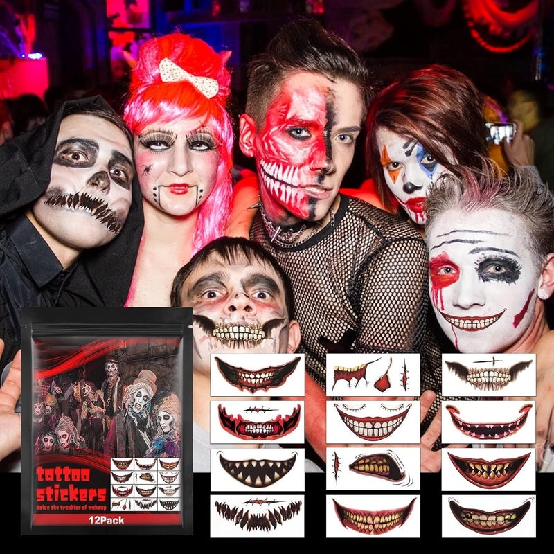 klarako 12 Sheet Halloween Clown Horror Mouth Tattoos Stickers Temporary Tattoos, 2022 New Prank Makeup Upgrade Face Decals Props for Cosplay (Pink, One Size) - Image 3