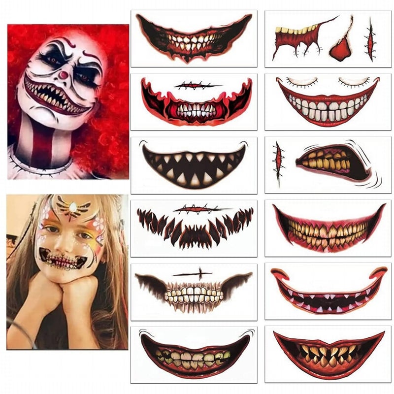 klarako 12 Sheet Halloween Clown Horror Mouth Tattoos Stickers Temporary Tattoos, 2022 New Prank Makeup Upgrade Face Decals Props for Cosplay (Pink, One Size) - Image 1