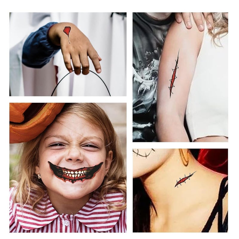 klarako 12 Sheet Halloween Clown Horror Mouth Tattoos Stickers Temporary Tattoos, 2022 New Prank Makeup Upgrade Face Decals Props for Cosplay (Pink, One Size) - Image 5