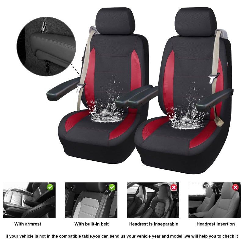 Flying Banner AquaShield Front car seat Covers Set Waterproof Water Resistant arm Rest Compatible Shoulder Seatbelt Compatible Truck seat Protectors Universal fit Non Slip (Red Black, Front Pair) - Image 2