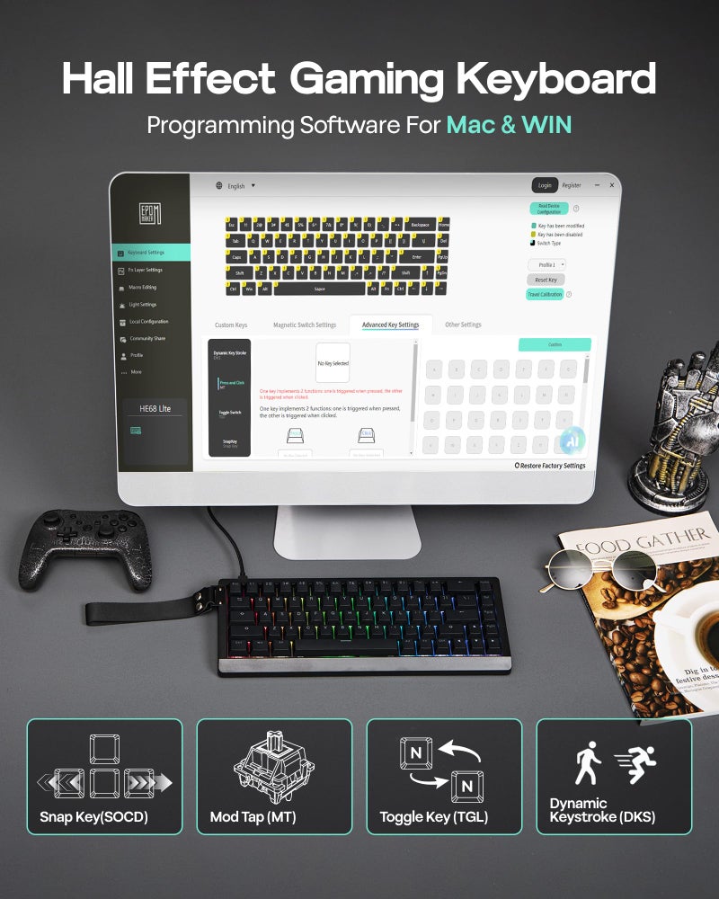 EPOMAKER HE68 Lite Hall Effect Gaming Keyboard, 8k Polling & 128K Scan Rate, 0.005mm Adjustable Trigger, 0.125ms Latency, 5-Layer Sound-Dampened, Snap Key, SOCD, A-RGB, Wired, Mac Software (Black) - Image 4