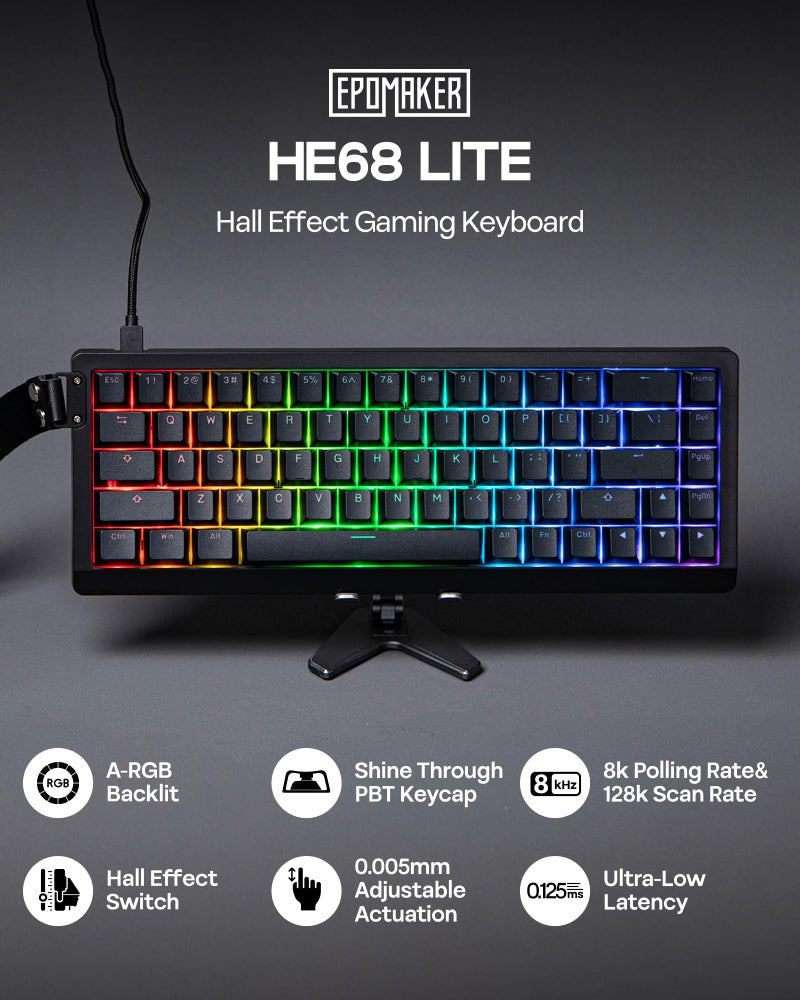 EPOMAKER HE68 Lite Hall Effect Gaming Keyboard, 8k Polling & 128K Scan Rate, 0.005mm Adjustable Trigger, 0.125ms Latency, 5-Layer Sound-Dampened, Snap Key, SOCD, A-RGB, Wired, Mac Software (Black) - Image 2