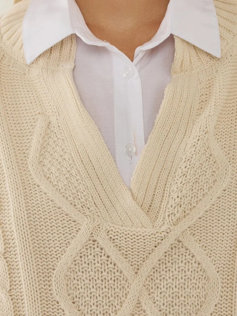 HICCUP Relaxed Fit Shirt Collar Sweater with Hair Braid Pattern