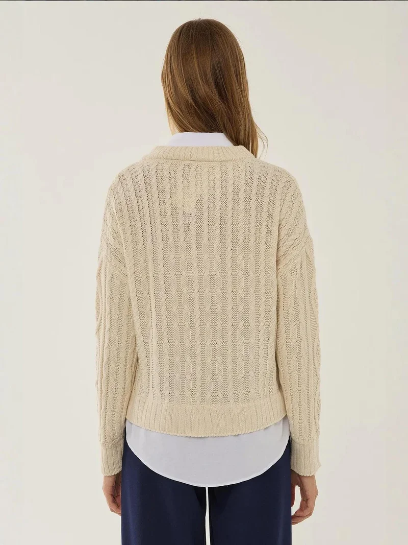 HICCUP Relaxed Fit Shirt Collar Sweater with Hair Braid Pattern