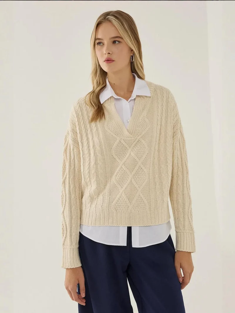 HICCUP Relaxed Fit Shirt Collar Sweater with Hair Braid Pattern