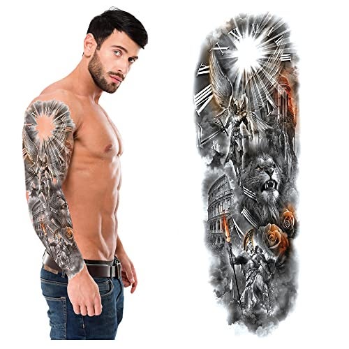 S.A.V.I Full Arm, Hand Temporary Tattoo For Men, Lion Clock Wing Man Roses Design For Girls Women, Tattoo Sticker Size 48x17CM - 1PC. - Image 1