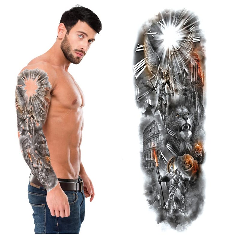 S.A.V.I Full Arm, Hand Temporary Tattoo For Men, Lion Clock Wing Man Roses Design For Girls Women, Tattoo Sticker Size 48x17CM - 1PC. - Image 4