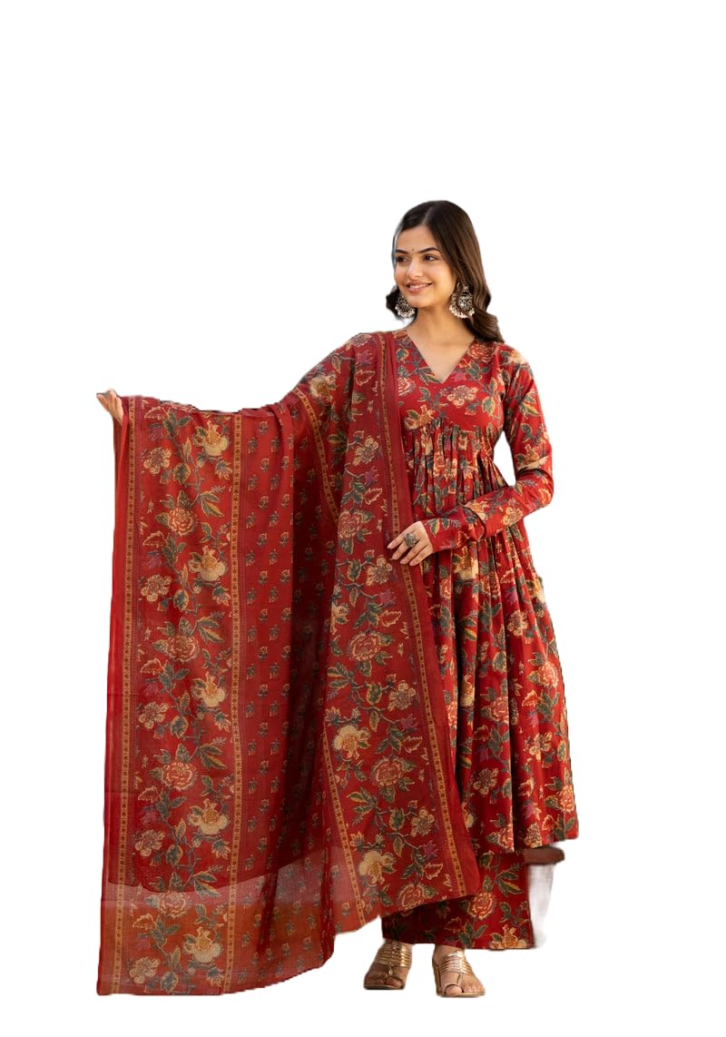 MEERA FAB Women's Cotton Blend V-Neck Anarkali Printed Kurta with Palazzo & Dupatta, Small, Maroon - Image 1