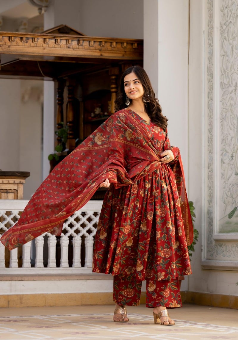 MEERA FAB Women's Cotton Blend V-Neck Anarkali Printed Kurta with Palazzo & Dupatta, Small, Maroon - Image 4