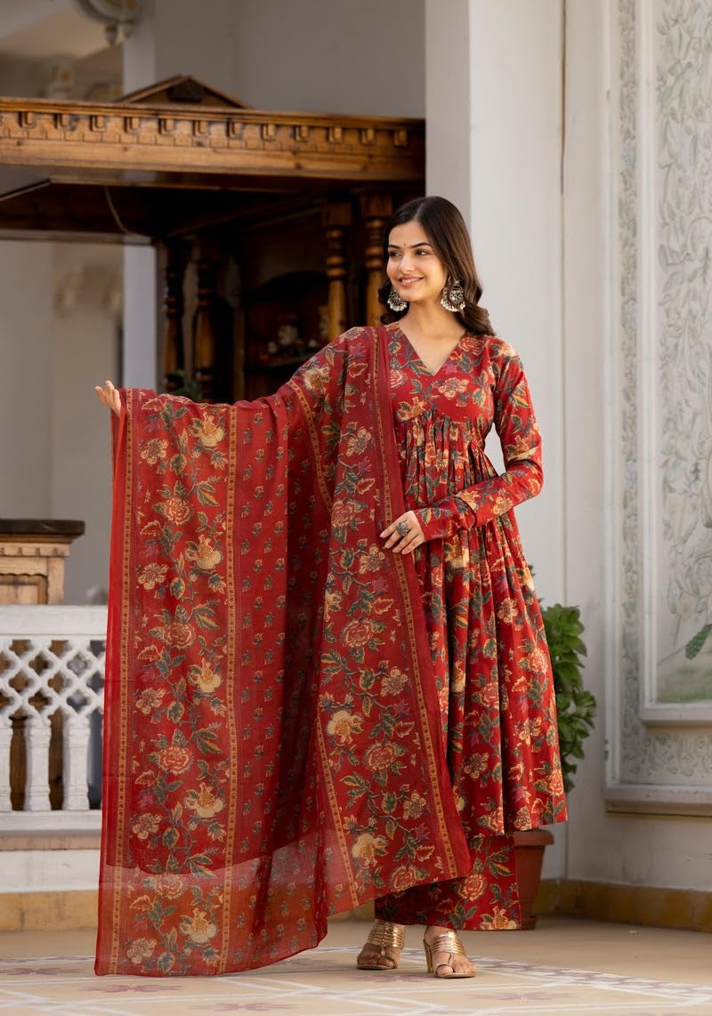MEERA FAB Women's Cotton Blend V-Neck Anarkali Printed Kurta with Palazzo & Dupatta, Small, Maroon - Image 2