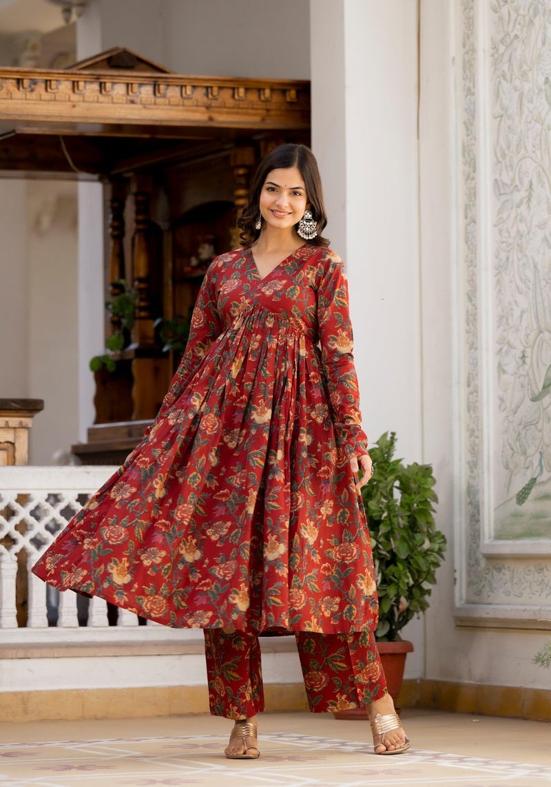 MEERA FAB Women's Cotton Blend V-Neck Anarkali Printed Kurta with Palazzo & Dupatta, Small, Maroon - Image 3