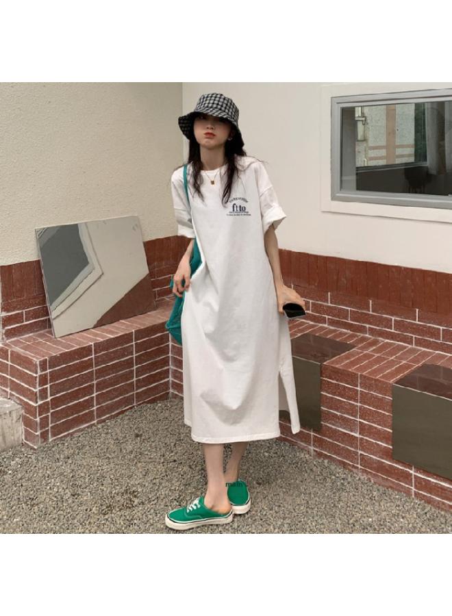 Summer Korean Style Large Size Women's Clothing Loose Split Over-knee T-shirt Dress Casual Simple Western-style Letter Print Dress