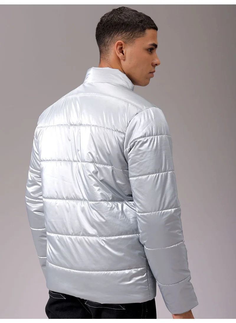 The Indian Garage Co Men Grey Casual Puffer Jacket Slim Fit Quilted Casual Puffer Jacket