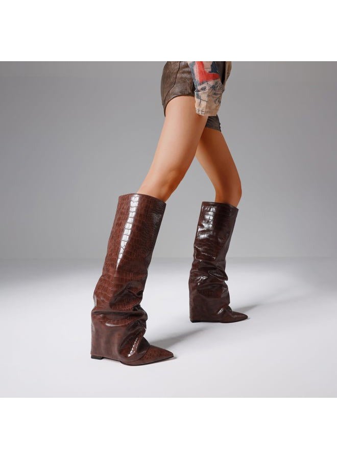 Synchoiss Womens Knee High Boots Wide Calf Chunky High Heel Boots Fashion Fold Over Boot Pointed Toe Winter Fall Tall Boots for Women Pull on Trendy, Brown, 9 - Image 2