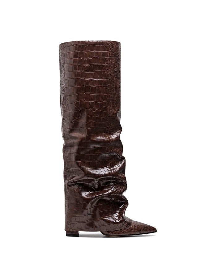 Synchoiss Womens Knee High Boots Wide Calf Chunky High Heel Boots Fashion Fold Over Boot Pointed Toe Winter Fall Tall Boots for Women Pull on Trendy, Brown, 9 - Image 4