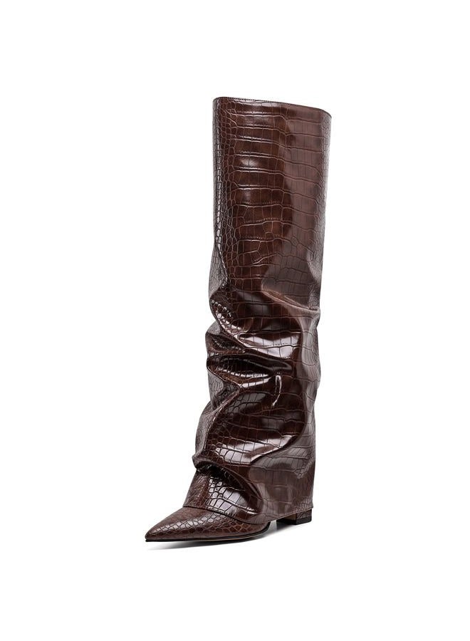 Synchoiss Womens Knee High Boots Wide Calf Chunky High Heel Boots Fashion Fold Over Boot Pointed Toe Winter Fall Tall Boots for Women Pull on Trendy, Brown, 9 - Image 3