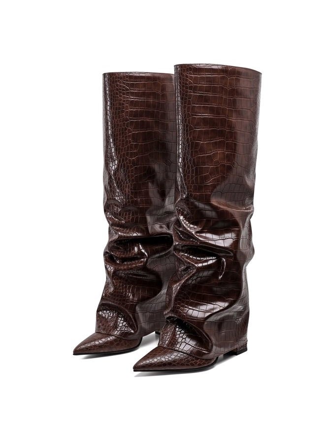 Synchoiss Womens Knee High Boots Wide Calf Chunky High Heel Boots Fashion Fold Over Boot Pointed Toe Winter Fall Tall Boots for Women Pull on Trendy, Brown, 9 - Image 1