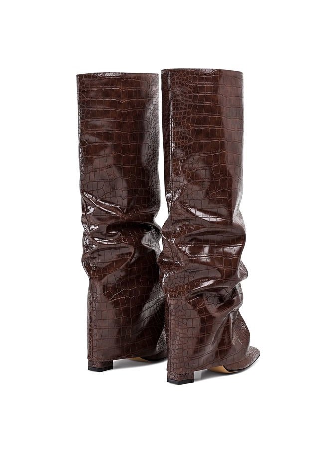 Synchoiss Womens Knee High Boots Wide Calf Chunky High Heel Boots Fashion Fold Over Boot Pointed Toe Winter Fall Tall Boots for Women Pull on Trendy, Brown, 9 - Image 5