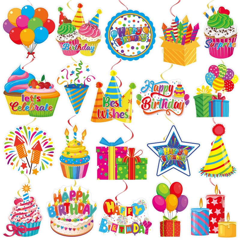 Runloon 40Pcs Birthday Hanging Swirl Decorations, Colorful Cupcake Balloons Hat Sign Swirl Decor Happy Birthday Hanging Ornaments for Boy Girl Kid Party Supplies - Image 1