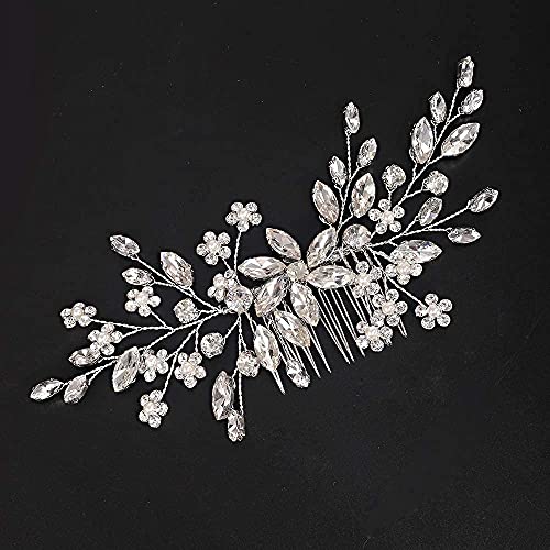 YERTTER Bridal Hair Comb Crystal Bride Wedding Hair Comb Rhinestone Flower Bridal Hair Pieces Pearl Wedding Hair Accessories for Women and Girls (Silver) - Image 5